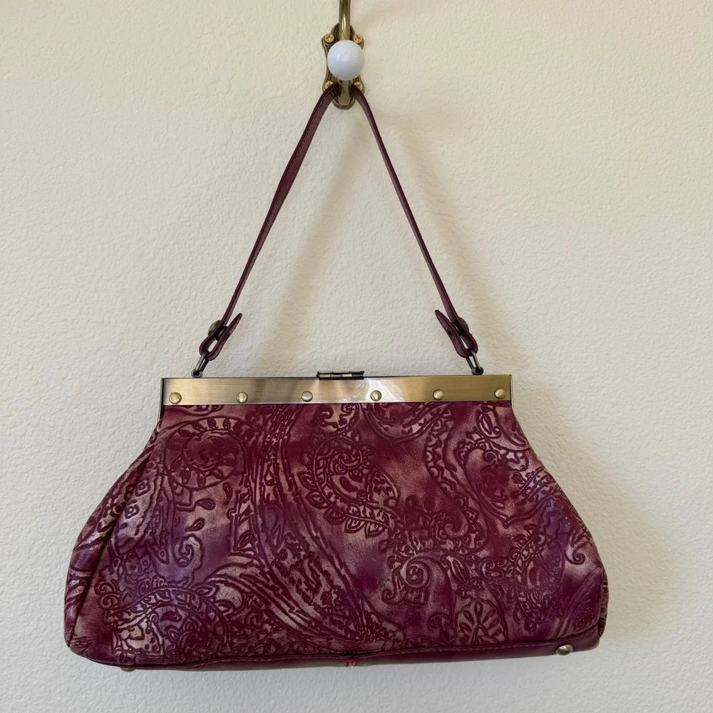 Kisslock Shoulder Bag Tooled Leather Paisley Purple Gold Satchel Boho Whimsygoth - Picture 2 of 9